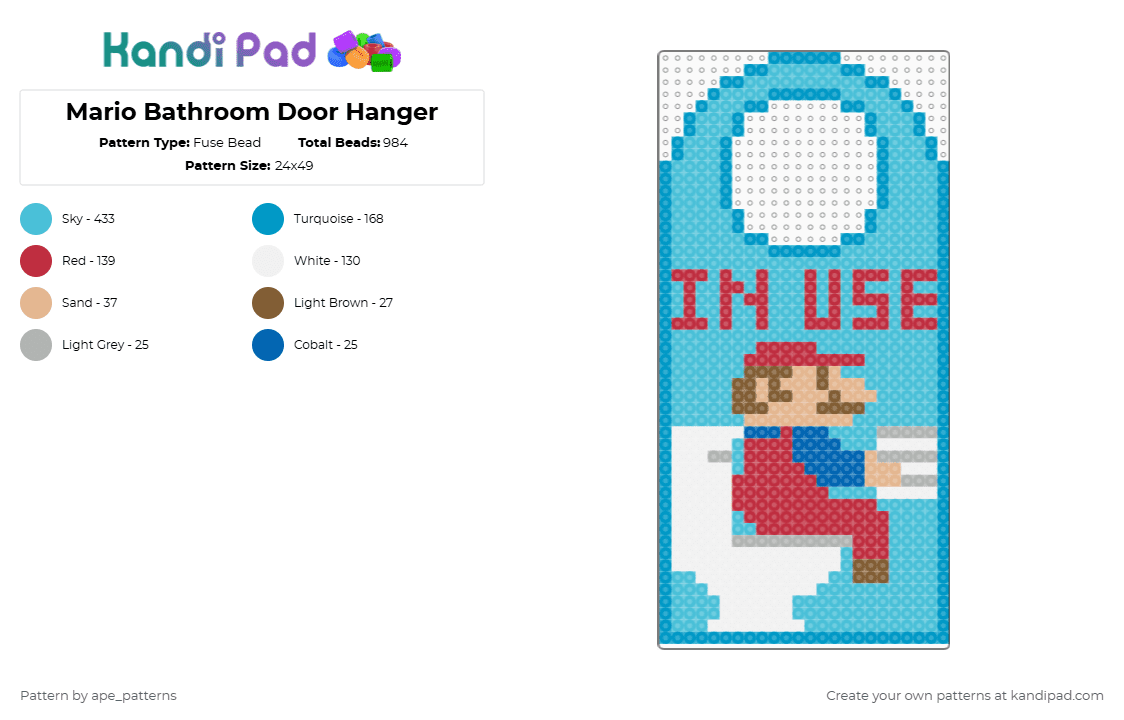 Mario Bathroom Door Hanger - Fuse Bead Pattern by ape_patterns on Kandi Pad - light blue,character,funny,mario,mario bros,super mario bros,door hanger,video games,gaming