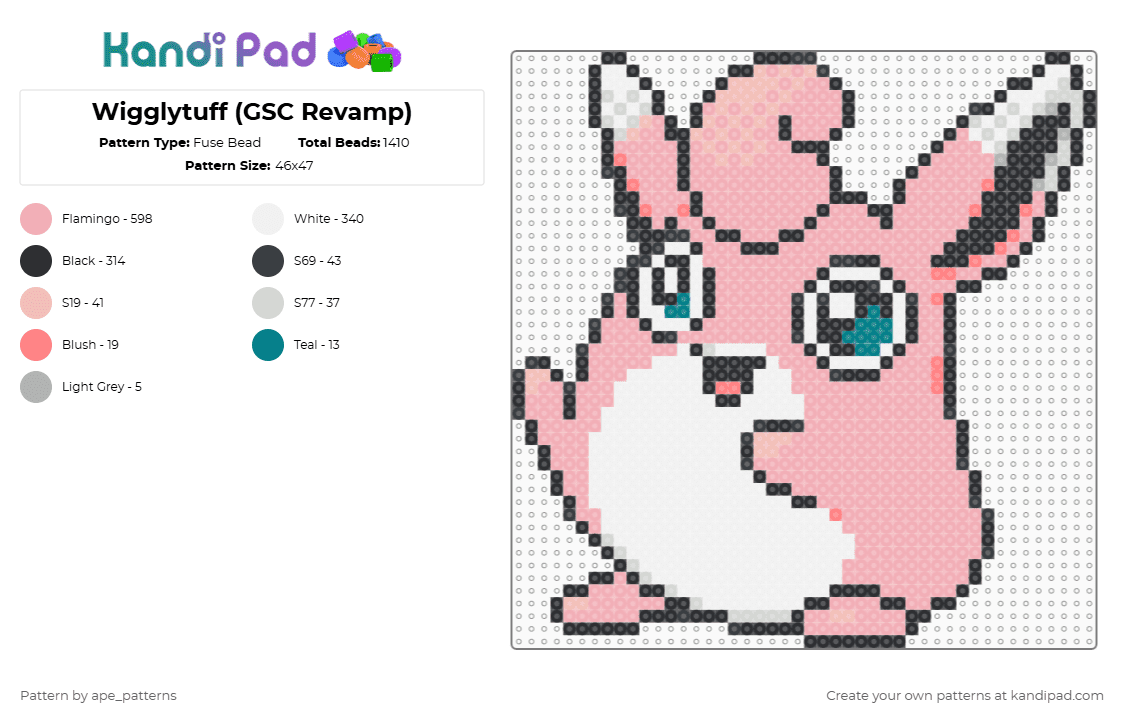 Wigglytuff (GSC Revamp) - Fuse Bead Pattern by ape_patterns on Kandi Pad - beige,character,wigglytuff,pokemon,revamp,nintendo,game boy,video games,gaming