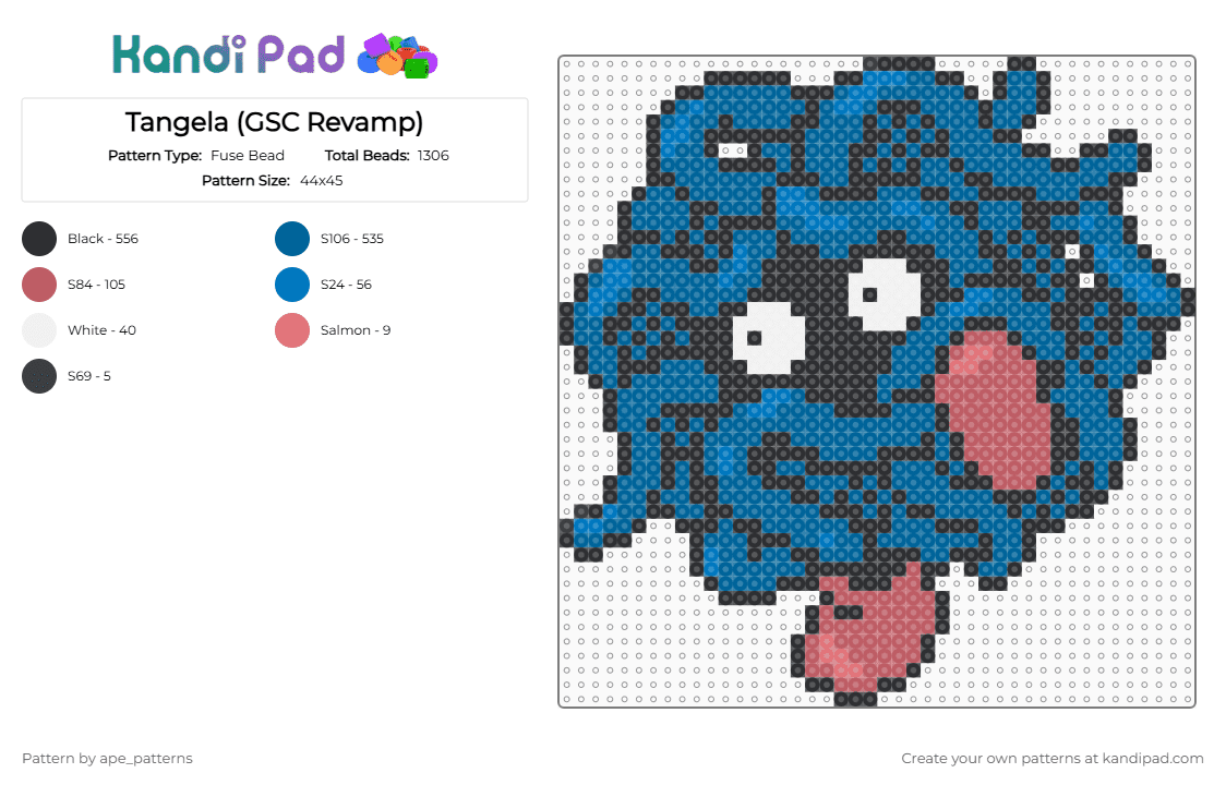 Tangela (GSC Revamp) - Fuse Bead Pattern by ape_patterns on Kandi Pad - blue,character,tangela,pokemon,revamp,nintendo,game boy,video games,gaming