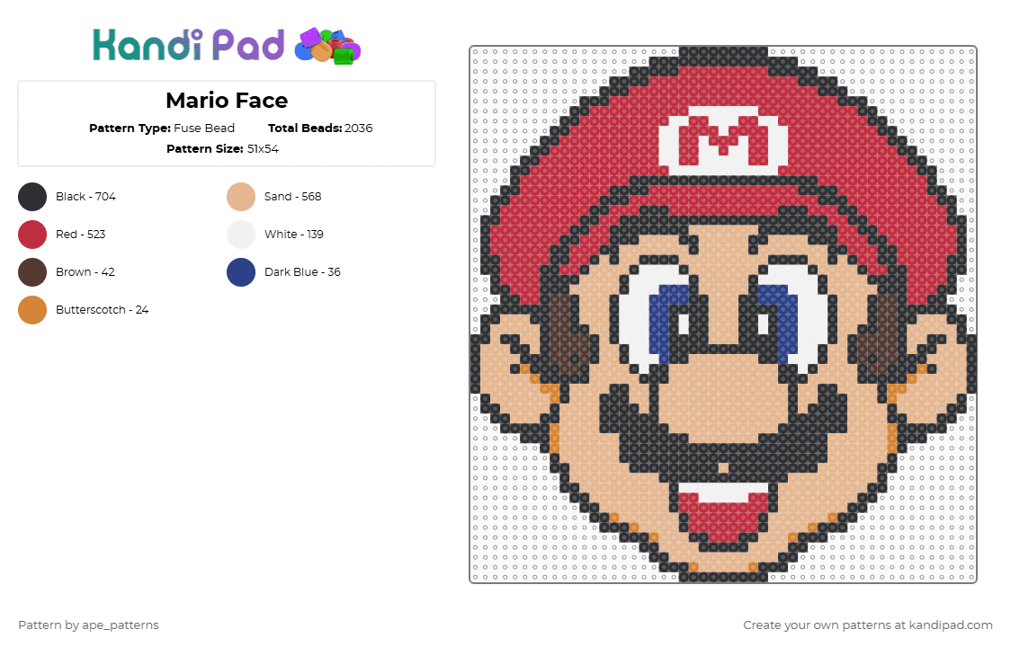 Mario Face - Fuse Bead Pattern by ape_patterns on Kandi Pad - red,beige,mario,nintendo,super mario bros
