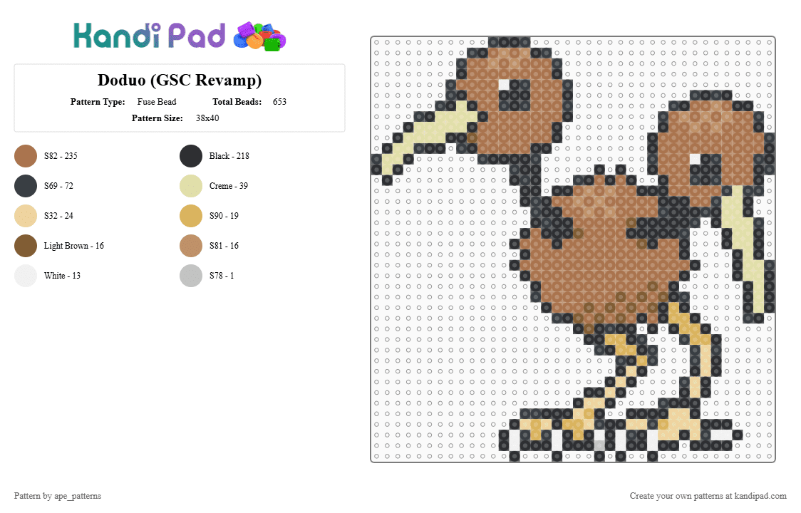 Doduo (GSC Revamp) - Fuse Bead Pattern by ape_patterns on Kandi Pad - tan,character,doduo,pokemon,revamp,nintendo,game boy,video games,gaming