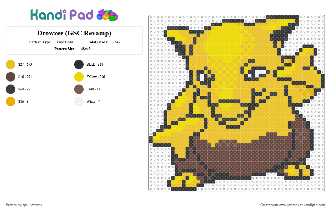 Drowzee (GSC Revamp) - Fuse Bead Pattern by ape_patterns on Kandi Pad - brown,yellow,character,drowzee,pokemon,revamp,nintendo,game boy,video games,gaming