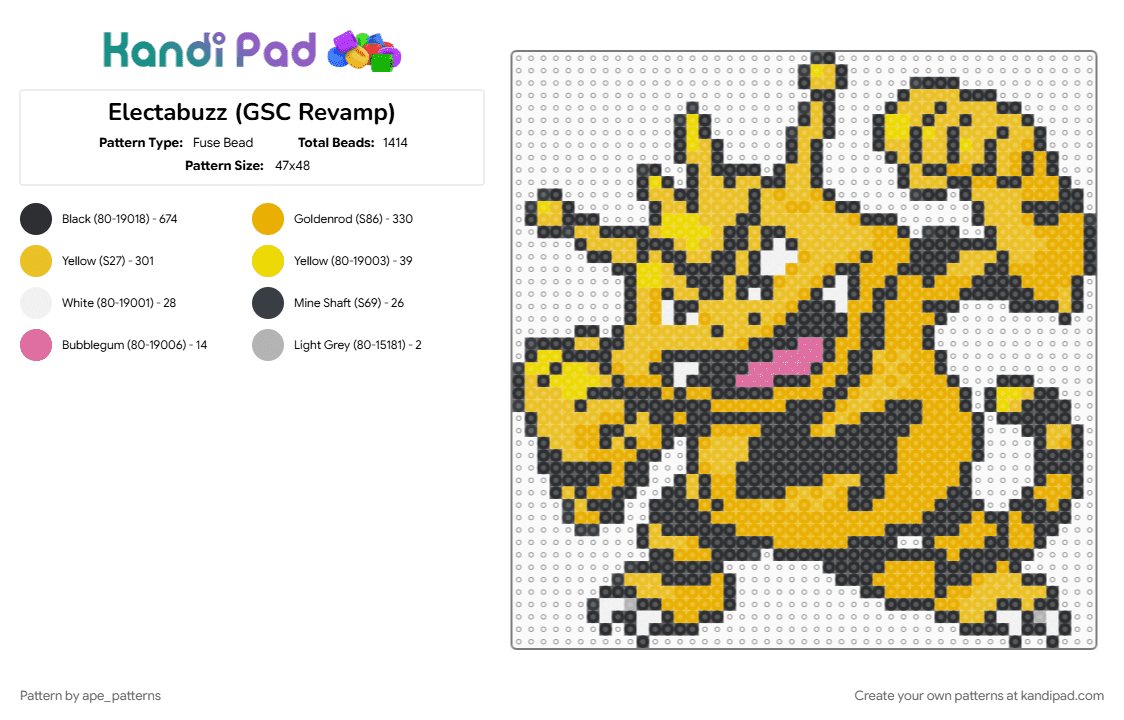 Electabuzz (GSC Revamp) - Fuse Bead Pattern by ape_patterns on Kandi Pad - black, character, electabuzz, game boy, gaming, nintendo, orange, pokemon, revamp, video games, yellow