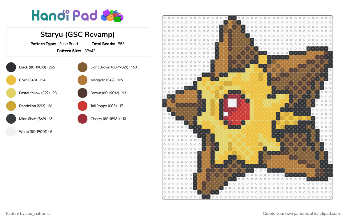 Staryu (GSC Revamp) - Fuse Bead Pattern by ape_patterns on Kandi Pad - character, game boy, gaming, nintendo, pokemon, revamp, staryu, tan, video games, yellow