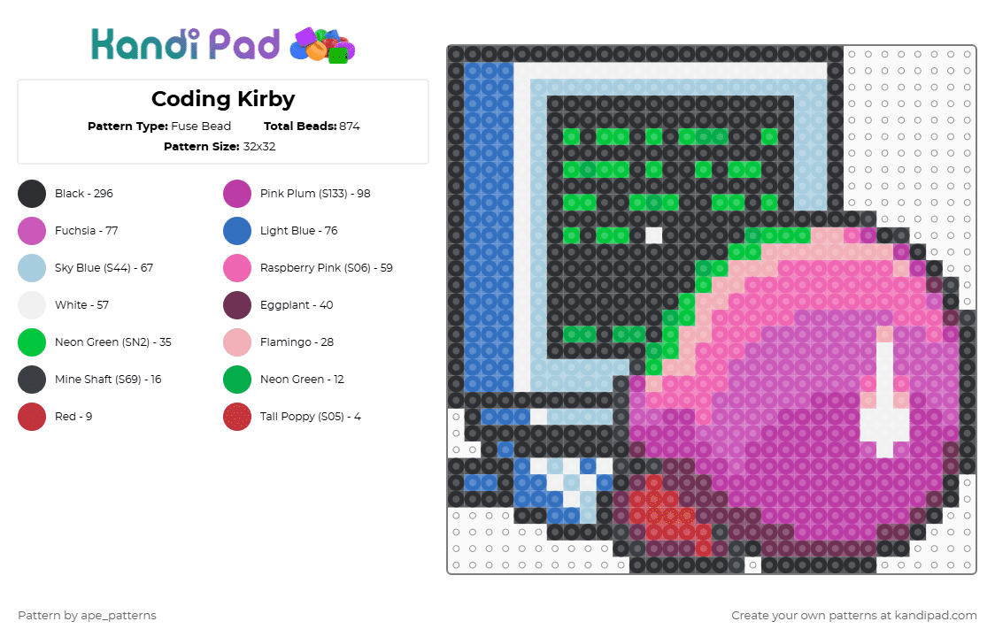Coding Kirby - Fuse Bead Pattern by ape_patterns on Kandi Pad - pink,kirby,nintendo,adorable character