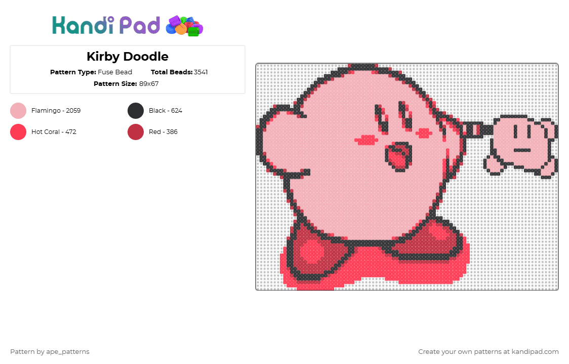 Kirby Doodle - Fuse Bead Pattern by ape_patterns on Kandi Pad - red,beige,cotdsketch,character,kirby,adorable,nintendo,retro,video games,gaming