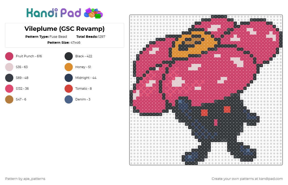 Vileplume (GSC Revamp) - Fuse Bead Pattern by ape_patterns on Kandi Pad - pink,character,vileplume,pokemon,revamp,nintendo,game boy,video games,gaming