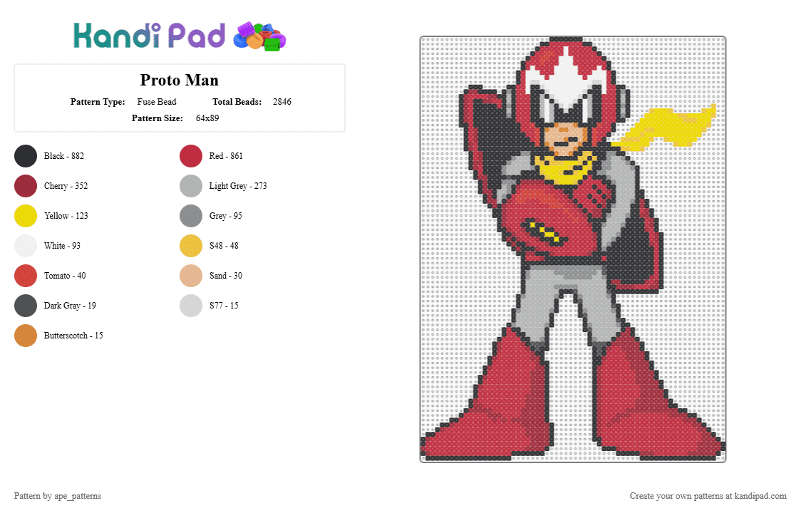Proto Man - Fuse Bead Pattern by ape_patterns on Kandi Pad - red,character,proto man,mega man,rockman,capcom,nintendo,video games,gaming