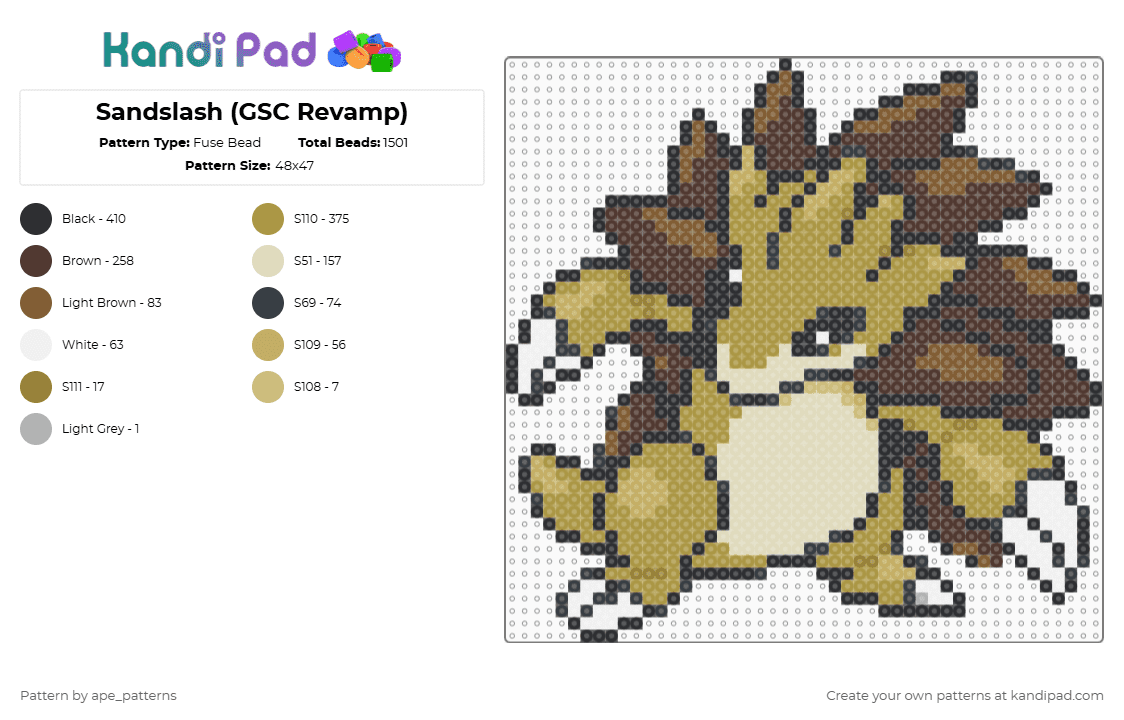 Sandslash (GSC Revamp) - Fuse Bead Pattern by ape_patterns on Kandi Pad - gold,brown,character,sandslash,pokemon,revamp,nintendo,game boy,video games,gaming