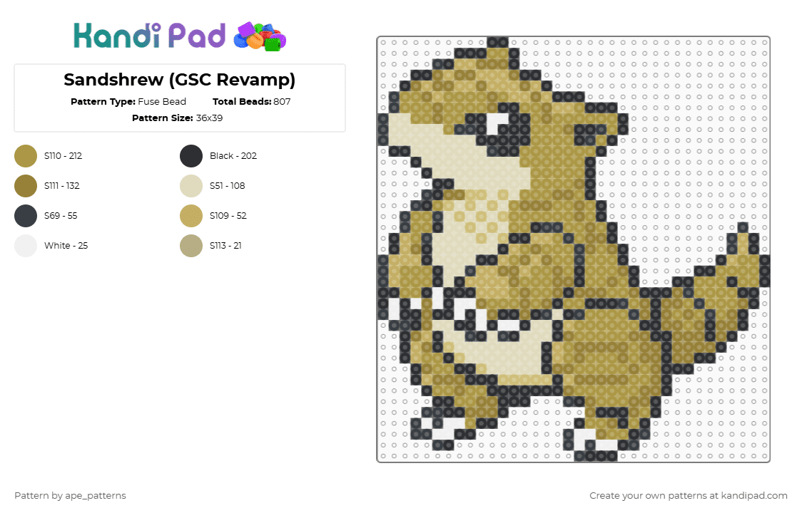 Sandshrew (GSC Revamp) - Fuse Bead Pattern by ape_patterns on Kandi Pad - beige,gold,character,sandshrew,pokemon,revamp,nintendo,game boy,gaming,video games