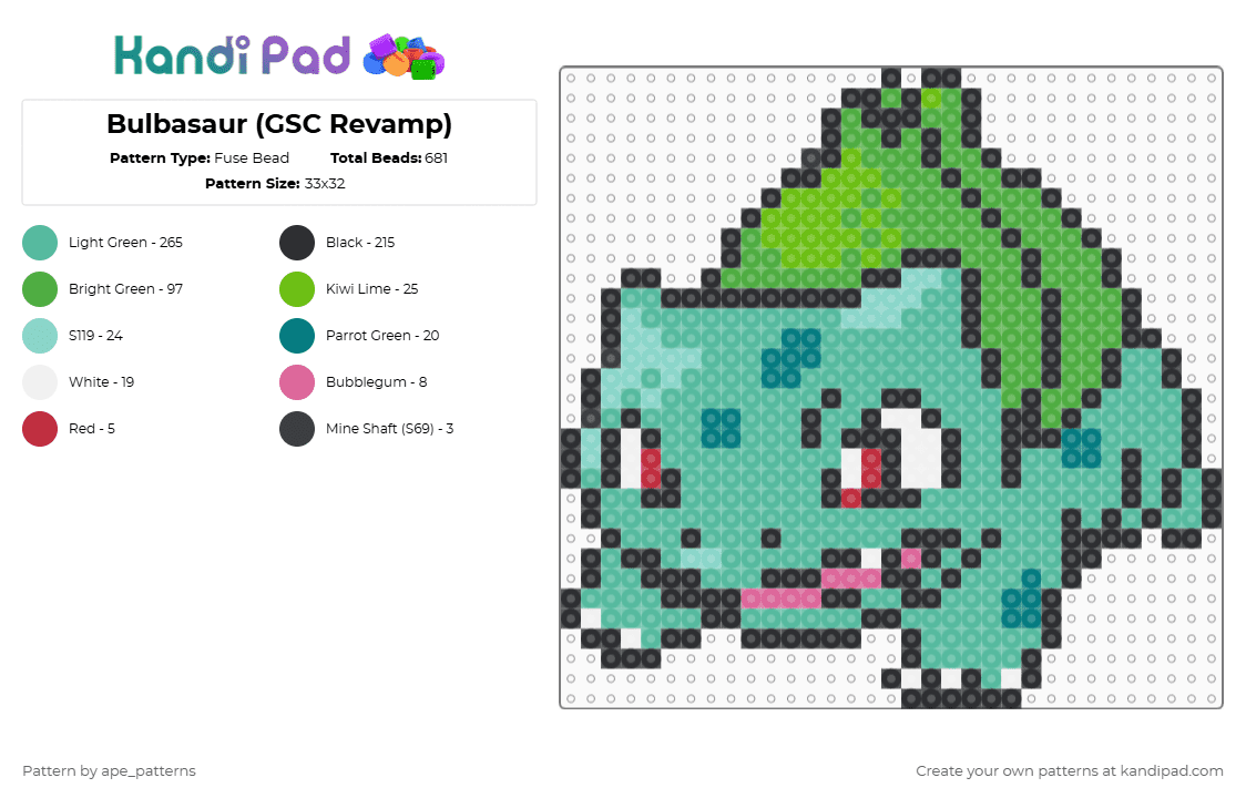 Bulbasaur (GSC Revamp) - Fuse Bead Pattern by ape_patterns on Kandi Pad - green,teal,character,pokemon,bulbasaur,game boy,revamp,colorful,gaming,video games