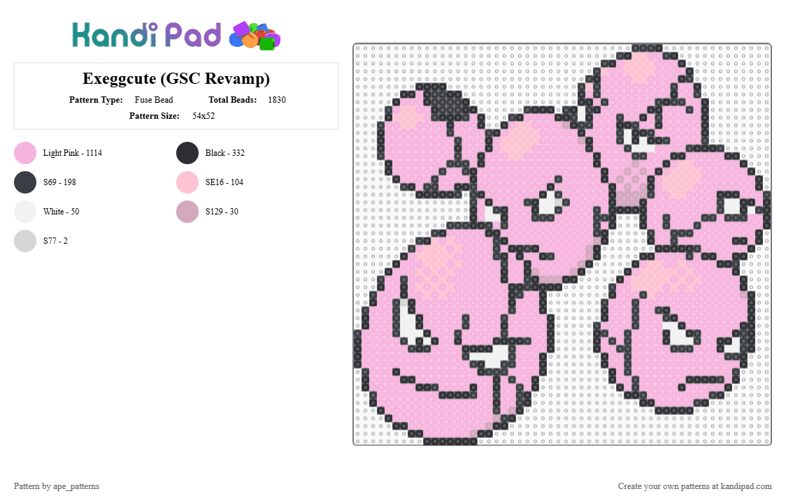 Exeggcute (GSC Revamp) - Fuse Bead Pattern by ape_patterns on Kandi Pad - pink,character,exeggcute,pokemon,revamp,nintendo,game boy,video games,gaming
