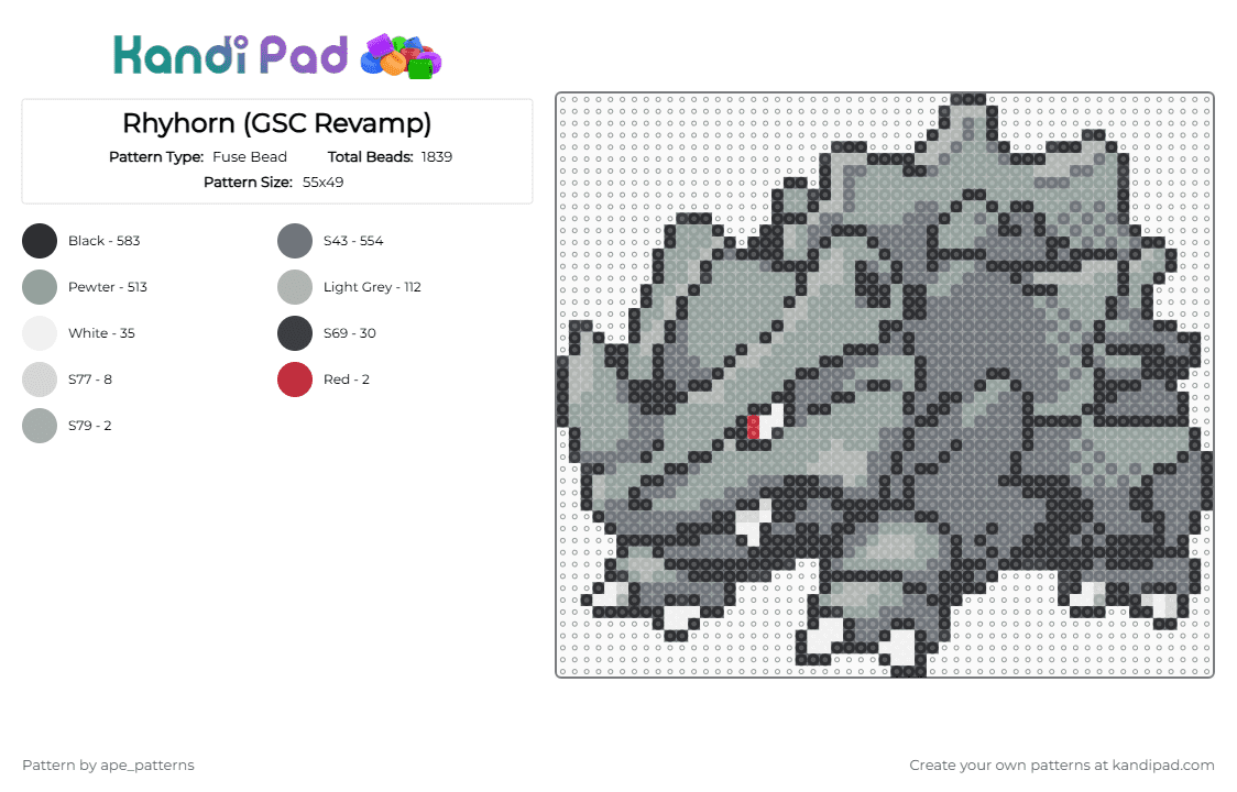 Rhyhorn (GSC Revamp) - Fuse Bead Pattern by ape_patterns on Kandi Pad - gray,character,rhyhorn,pokemon,revamp,nintendo,game boy,video games,gaming