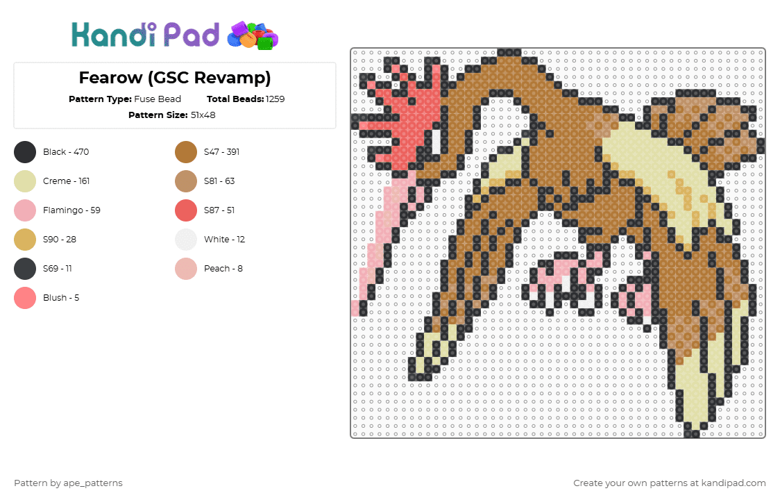 Fearow (GSC Revamp) - Fuse Bead Pattern by ape_patterns on Kandi Pad - yellow,tan,character,pokemon,fearow,remix,nintendo,game boy,video games,gaming