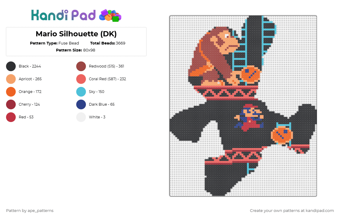 Mario Silhouette (DK) - Fuse Bead Pattern by ape_patterns on Kandi Pad - black,red,orange,character,mario,donkey kong,arcade,retro,silhouette,video games,gaming