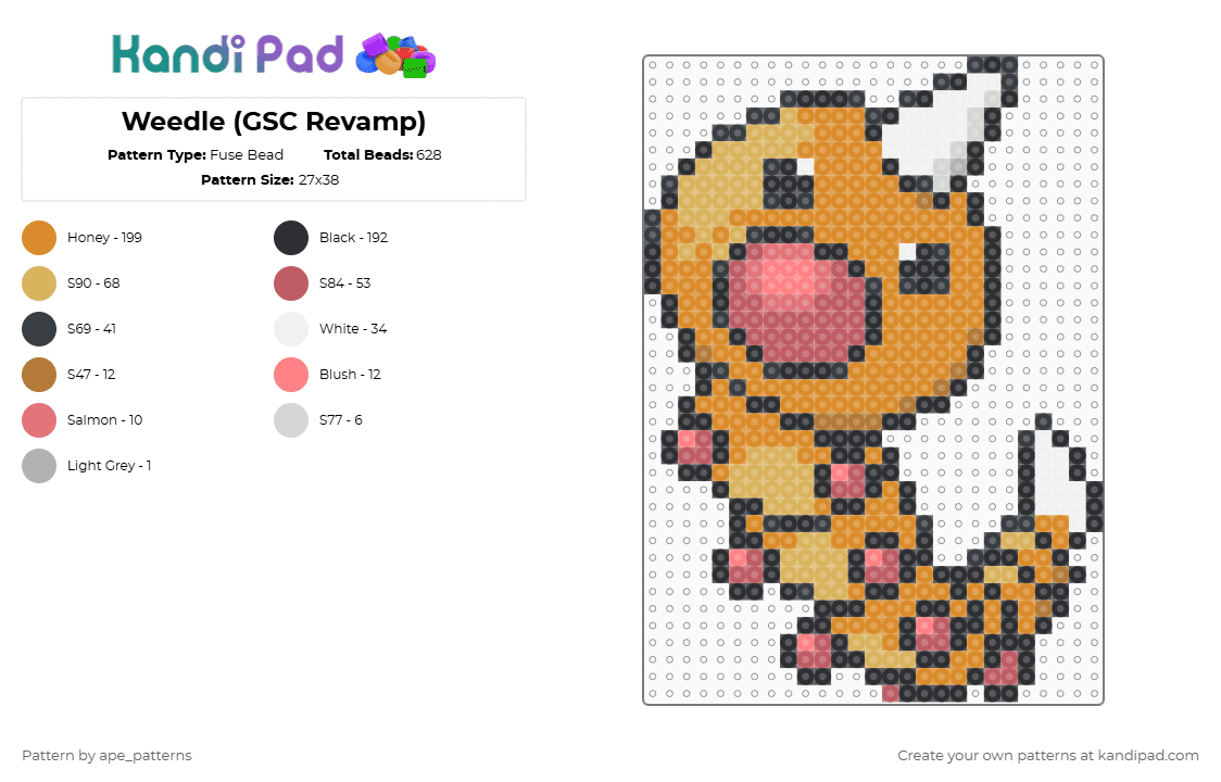 Weedle (GSC Revamp) - Fuse Bead Pattern by ape_patterns on Kandi Pad - orange,character,weedle,pokemon,nintendo,game boy,revamp,gaming,video games