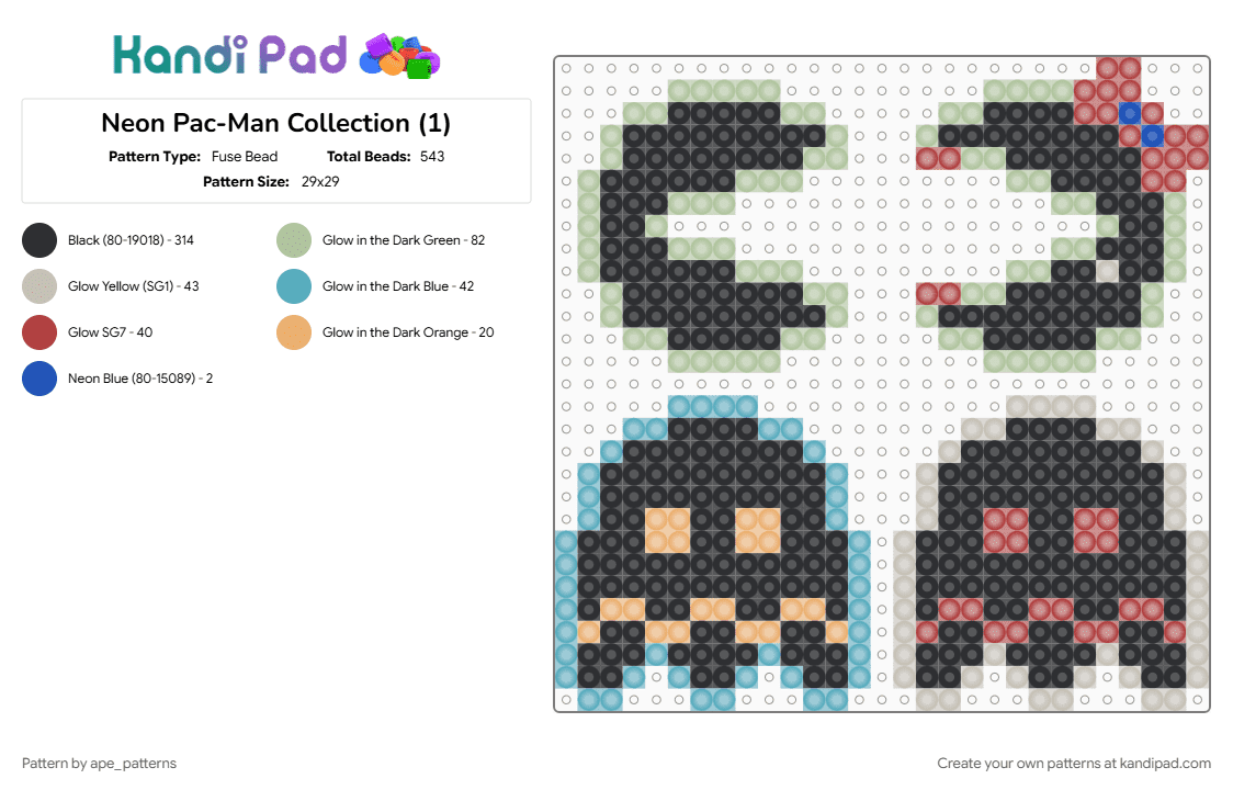 Neon Pac-Man Collection (1) - Fuse Bead Pattern by ape_patterns on Kandi Pad - arcade, beige, black, character, gaming, neon, pac man, pacman, retro, video games