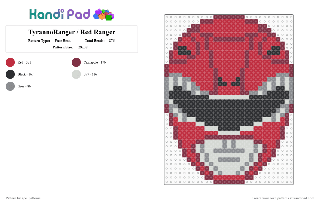 TyrannoRanger / Red Ranger - Fuse Bead Pattern by ape_patterns on Kandi Pad - character,power rangers,super sentai,mighty morphin power rangers,kyoryu sentai zyuranger,toku,superhero