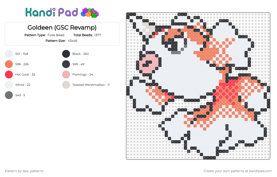 Goldeen (GSC Revamp) - Fuse Bead Pattern by ape_patterns on Kandi Pad - character, game boy, gaming, goldeen, nintendo, orange, pokemon, revamp, video games, white