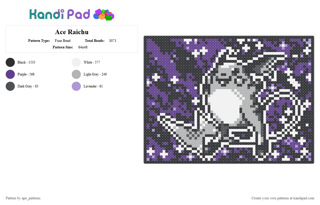 Ace Raichu - Fuse Bead Pattern by ape_patterns on Kandi Pad - black,purple,beige,character,raichu,pokemon,ace,asexual,pride month,video games,gaming
