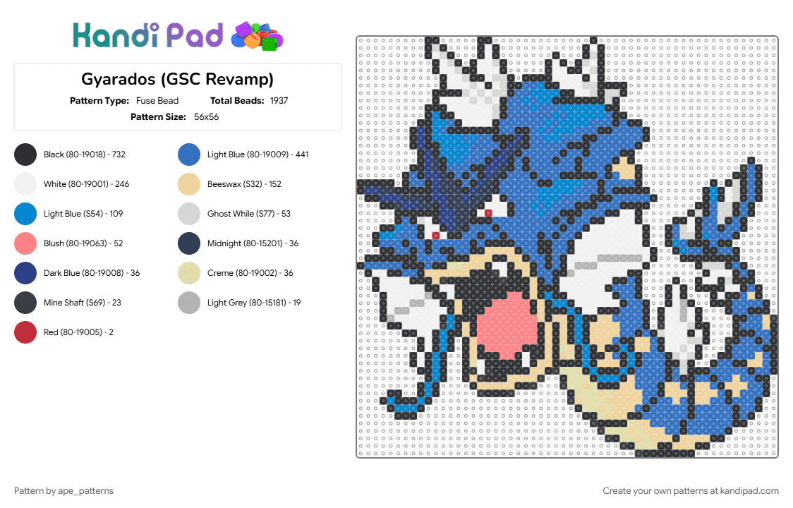 Gyarados (GSC Revamp) - Fuse Bead Pattern by ape_patterns on Kandi Pad - beige, blue, character, game boy, gaming, gyarados, nintendo, pokemon, revamp, video games