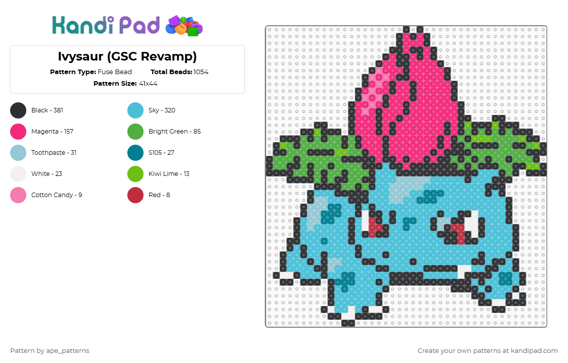 Ivysaur (GSC Revamp) - Fuse Bead Pattern by ape_patterns on Kandi Pad - light blue,pink,character,pokemon,ivysaur,game boy,revamp,colorful,gaming,video games