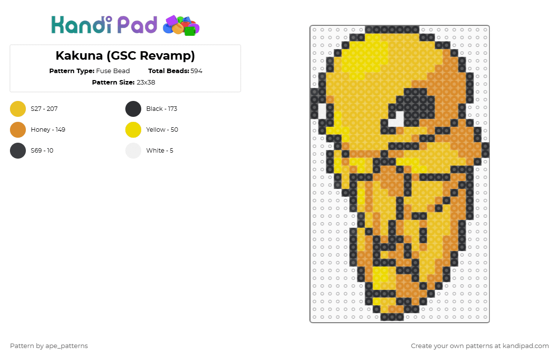Kakuna (GSC Revamp) - Fuse Bead Pattern by ape_patterns on Kandi Pad - yellow,orange,character,kakuna,pokemon,revamp,game boy,nintendo,video games,gaming