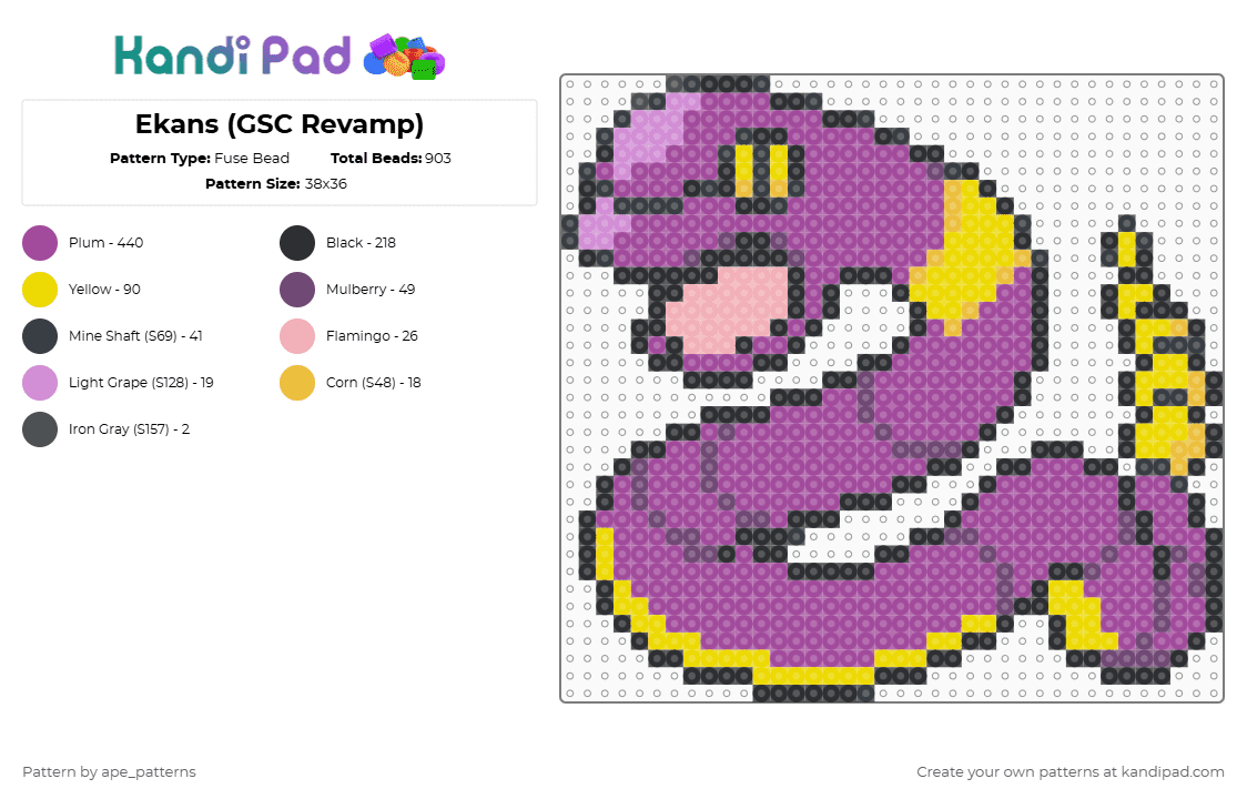 Ekans (GSC Revamp) - Fuse Bead Pattern by ape_patterns on Kandi Pad - pink,character,ekans,pokemon,revamp,nintendo,game boy,video games,gaming