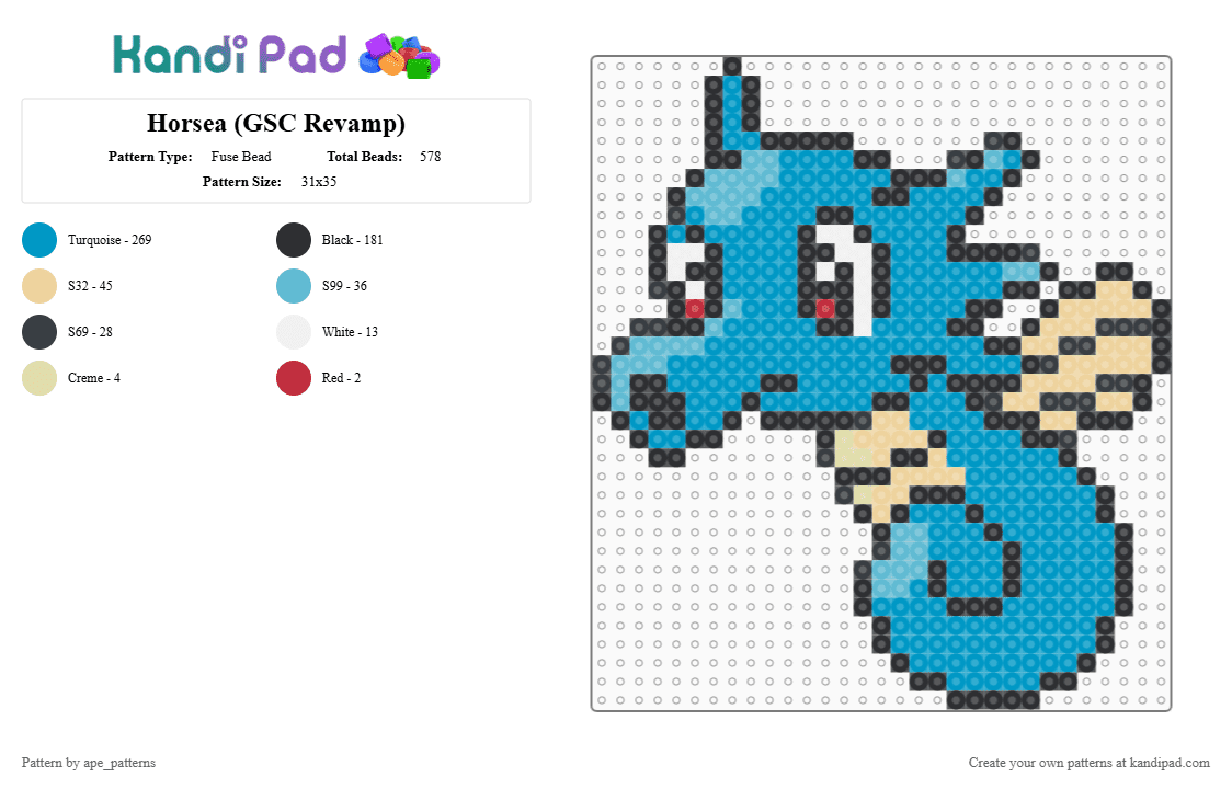 Horsea (GSC Revamp) - Fuse Bead Pattern by ape_patterns on Kandi Pad - 