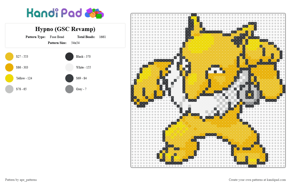 Hypno (GSC Revamp) - Fuse Bead Pattern by ape_patterns on Kandi Pad - orange,yellow,character,hypno,pokemon,revamp,nintendo,game boy,video games,gaming