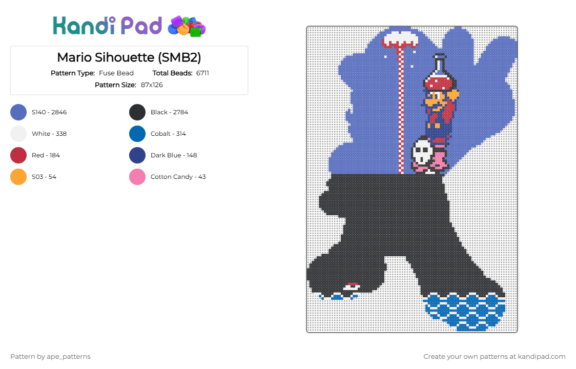 Mario Silhouette (SMB2) - Fuse Bead Pattern by ape_patterns on Kandi Pad - blue,character,mario,super mario bros,silhouette,nintendo,retro,nostalgia