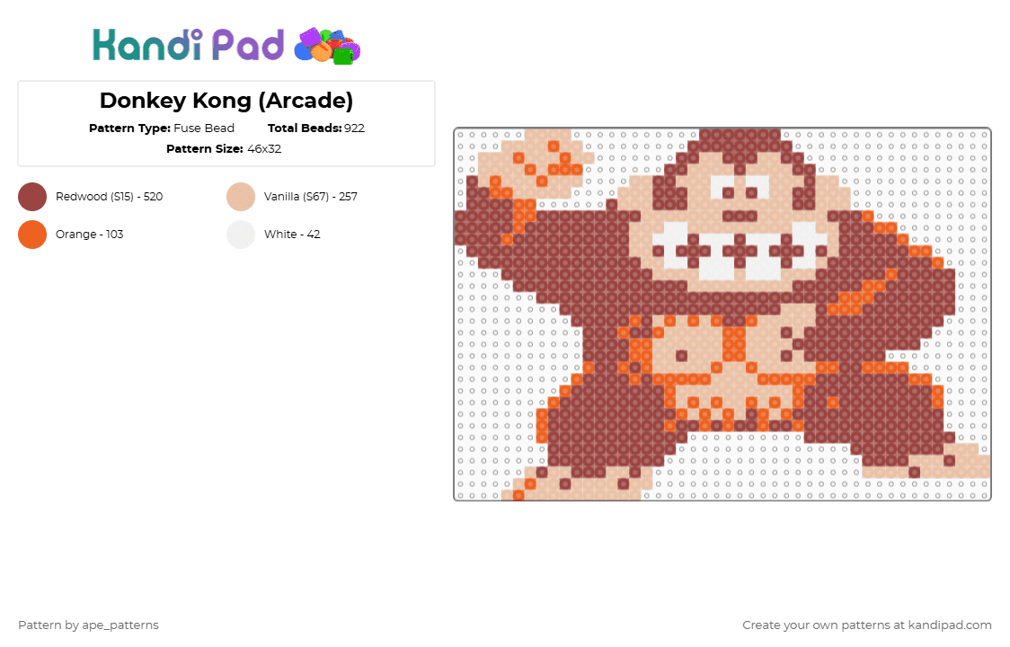 Donkey Kong (Arcade) - Fuse Bead Pattern by ape_patterns on Kandi Pad - red,nintendo,donkey kong,arcade,retro,mario
