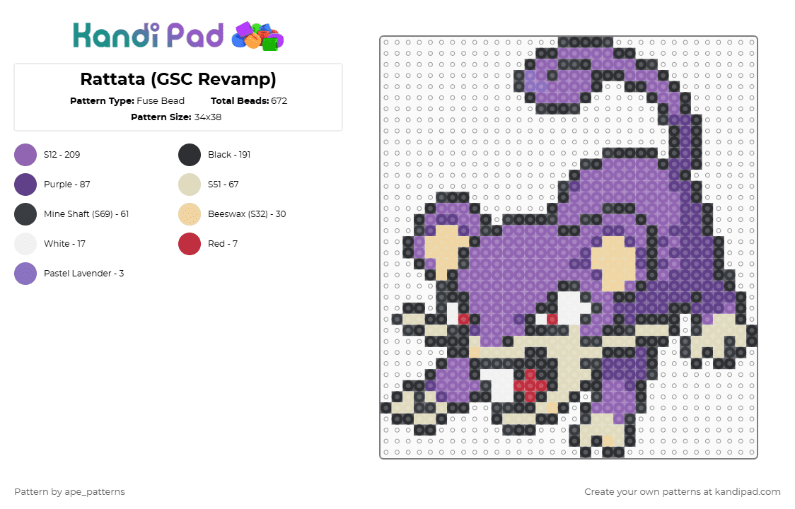 Rattata (GSC Revamp) - Fuse Bead Pattern by ape_patterns on Kandi Pad - beige,pink,purple,character,rattata,pokemon,revamp,nintendo,game boy,video games,gaming