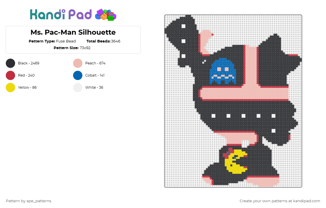 Ms. Pac-Man Silhouette - Fuse Bead Pattern by ape_patterns on Kandi Pad - black,beige,character,silhouette,pacman,pac man,ms pac man,arcade,gaming,video games