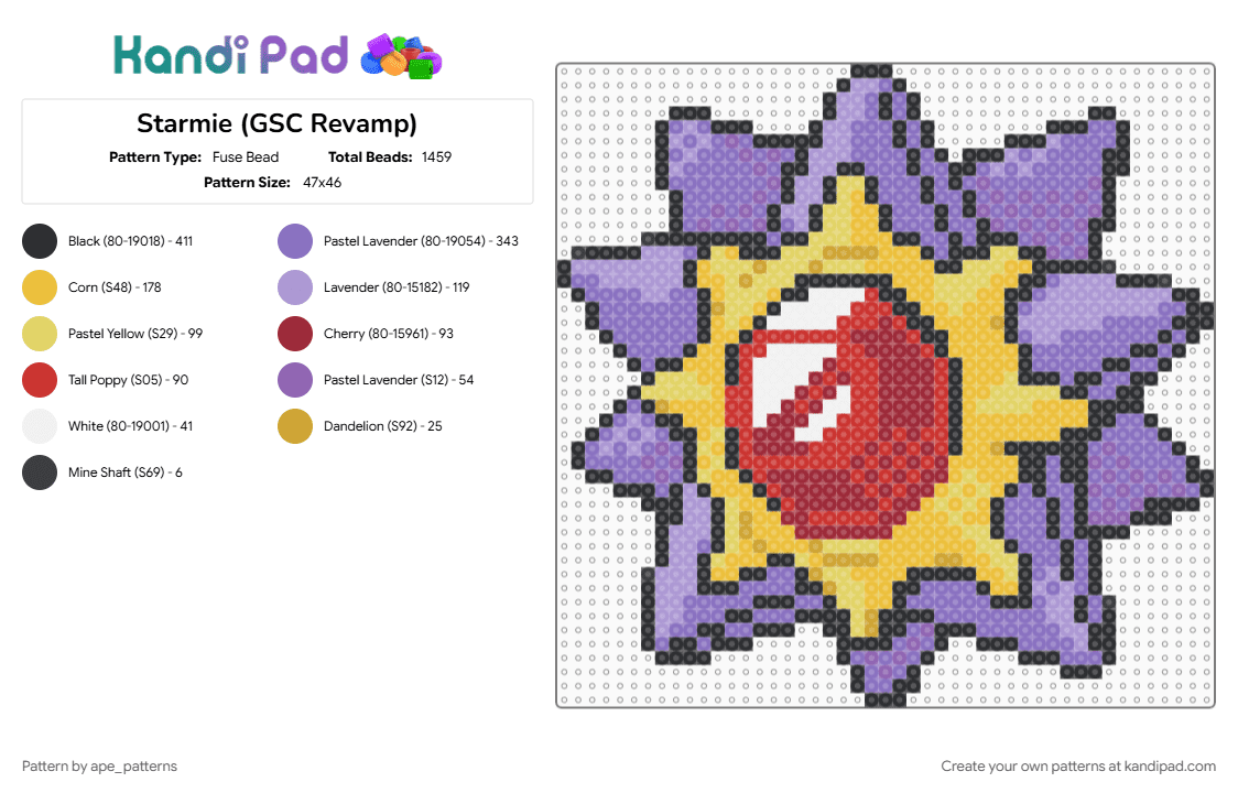 Starmie (GSC Revamp) - Fuse Bead Pattern by ape_patterns on Kandi Pad - blue, character, game boy, gaming, nintendo, pokemon, revamp, starmie, video games, yellow