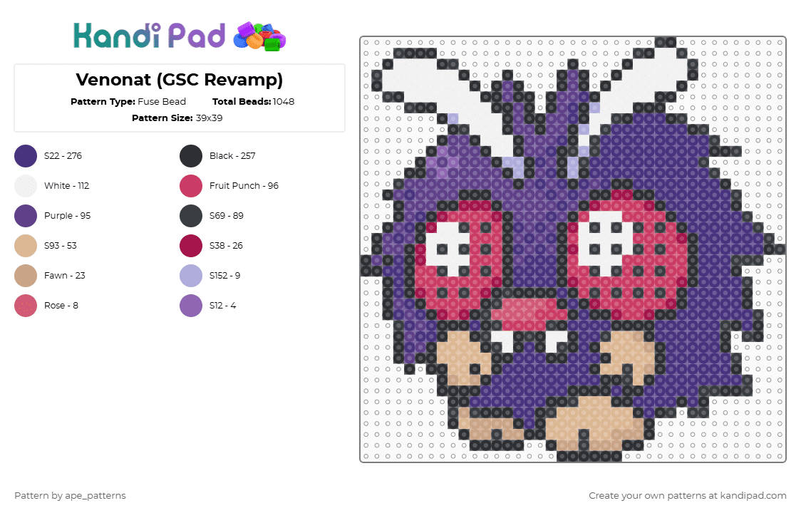 Venonat (GSC Revamp) - Fuse Bead Pattern by ape_patterns on Kandi Pad - purple,character,venonat,pokemon,revamp,nintendo,game boy,video games,gaming