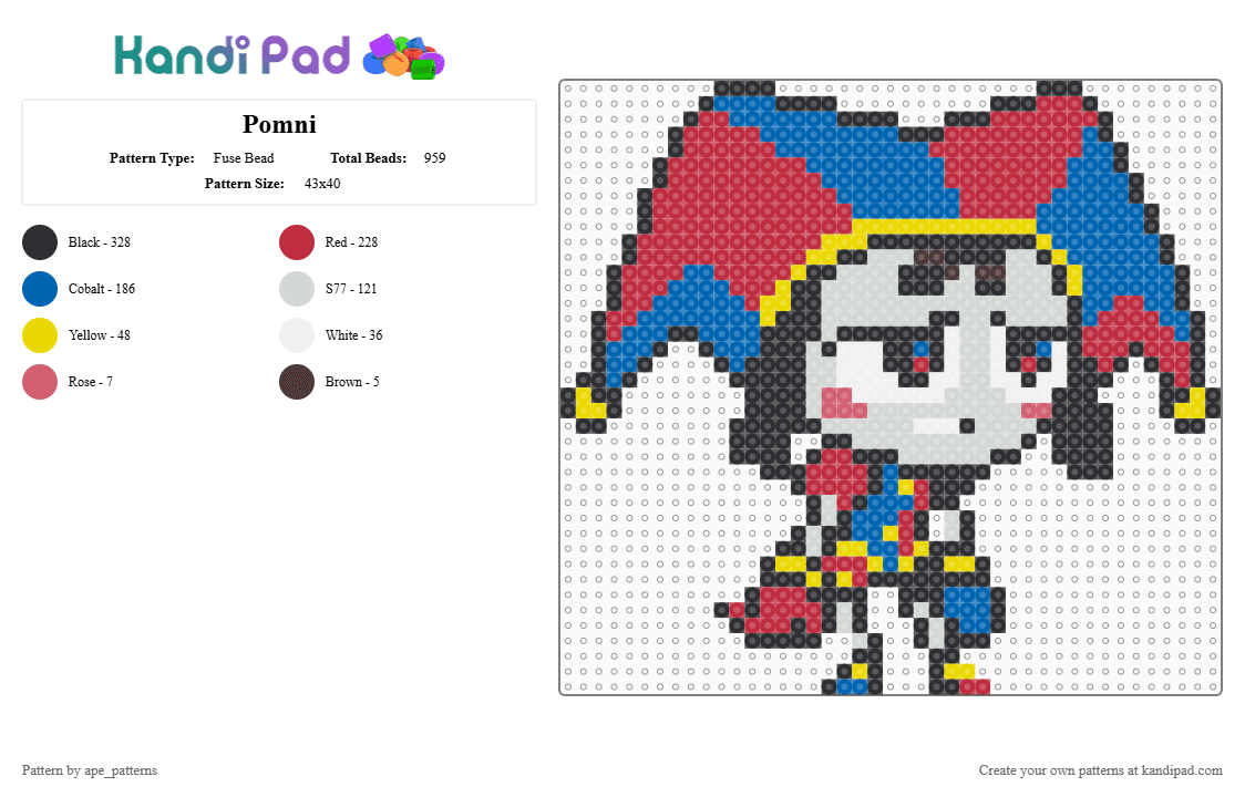 Pomni - Fuse Bead Pattern by ape_patterns on Kandi Pad - red,blue,character,pomni,tadc,amazing,digital,circus,theamazingdigitalcircus