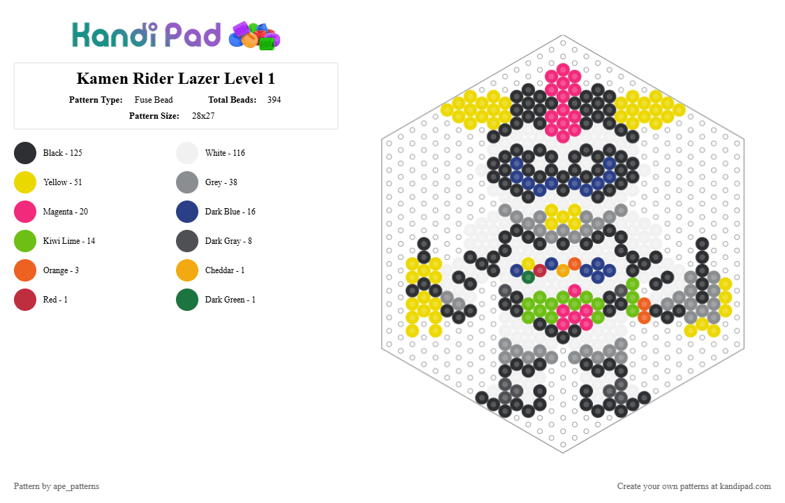 Kamen Rider Lazer Level 1 - Fuse Bead Pattern by ape_patterns on Kandi Pad - white,yellow,pink,gray,character,kamen rider,exaid,lazer,chibi,toku,superhero,video games