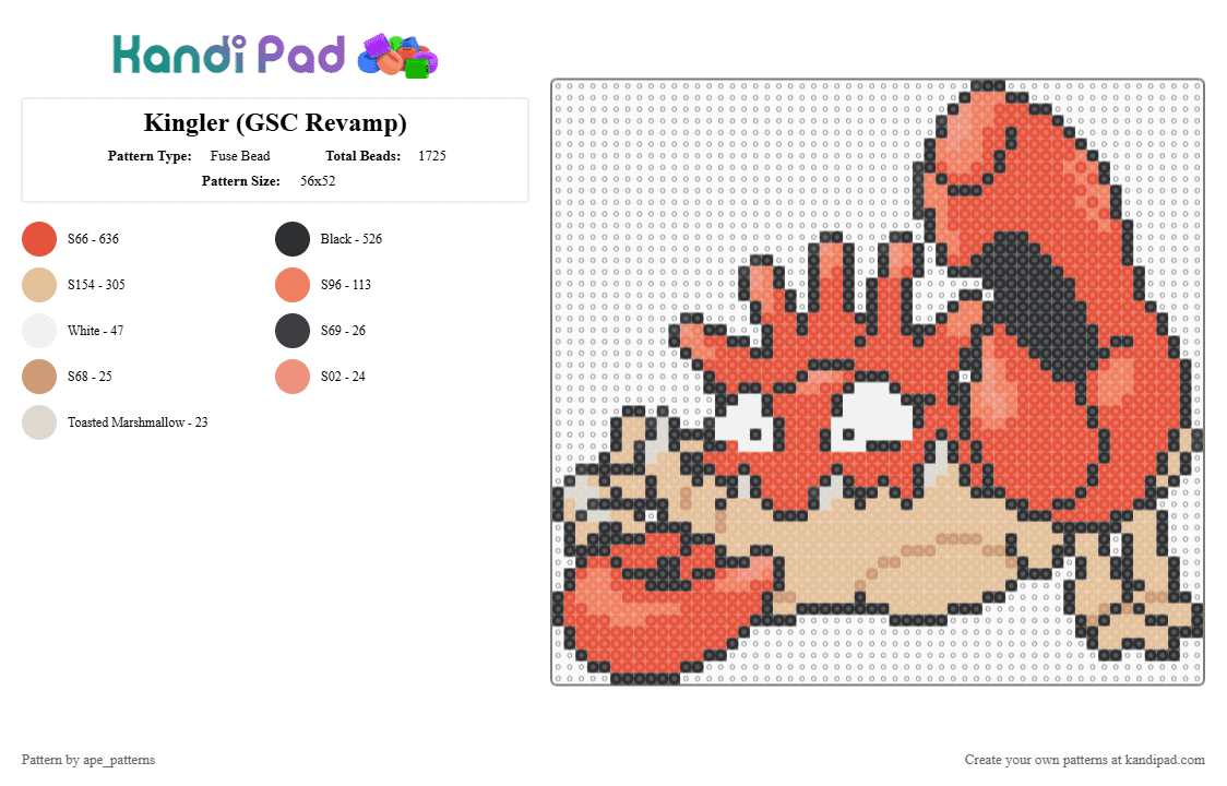 Kingler (GSC Revamp) - Fuse Bead Pattern by ape_patterns on Kandi Pad - red,character,kingler,pokemon,revamp,nintendo,game boy,video games,gaming