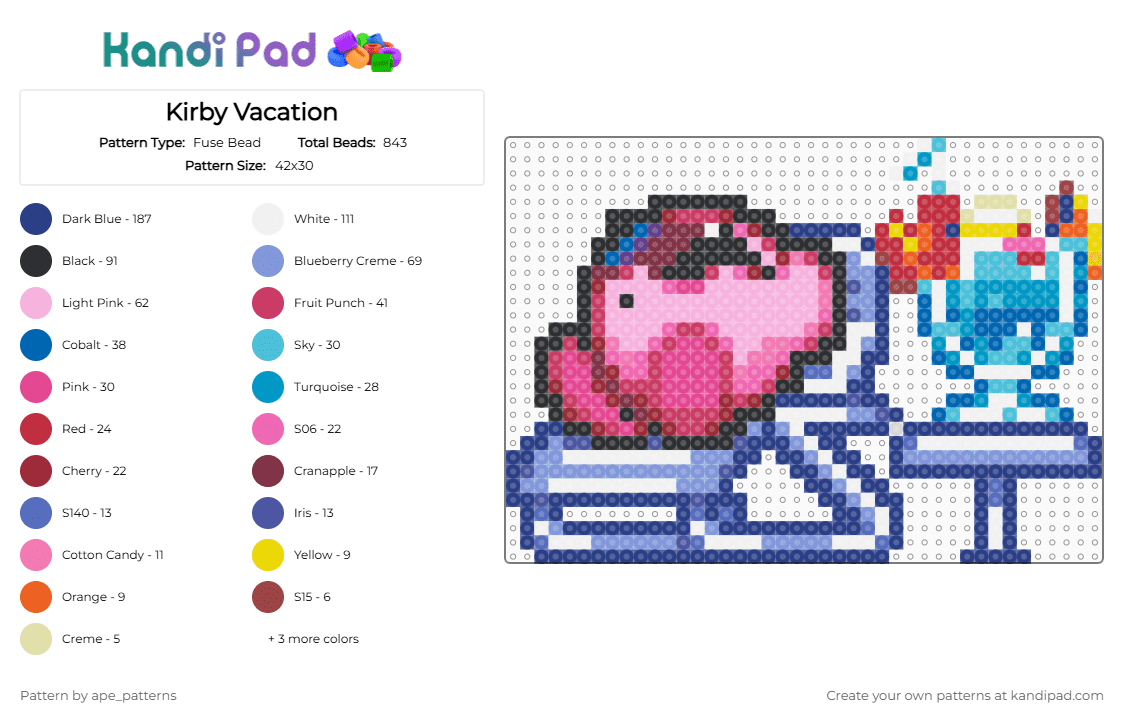 Kirby Vacation - Fuse Bead Pattern by ape_patterns on Kandi Pad - light blue,blue,pink,cotdvacations,character,kirby,summer,vacation,tropical,video games,gaming