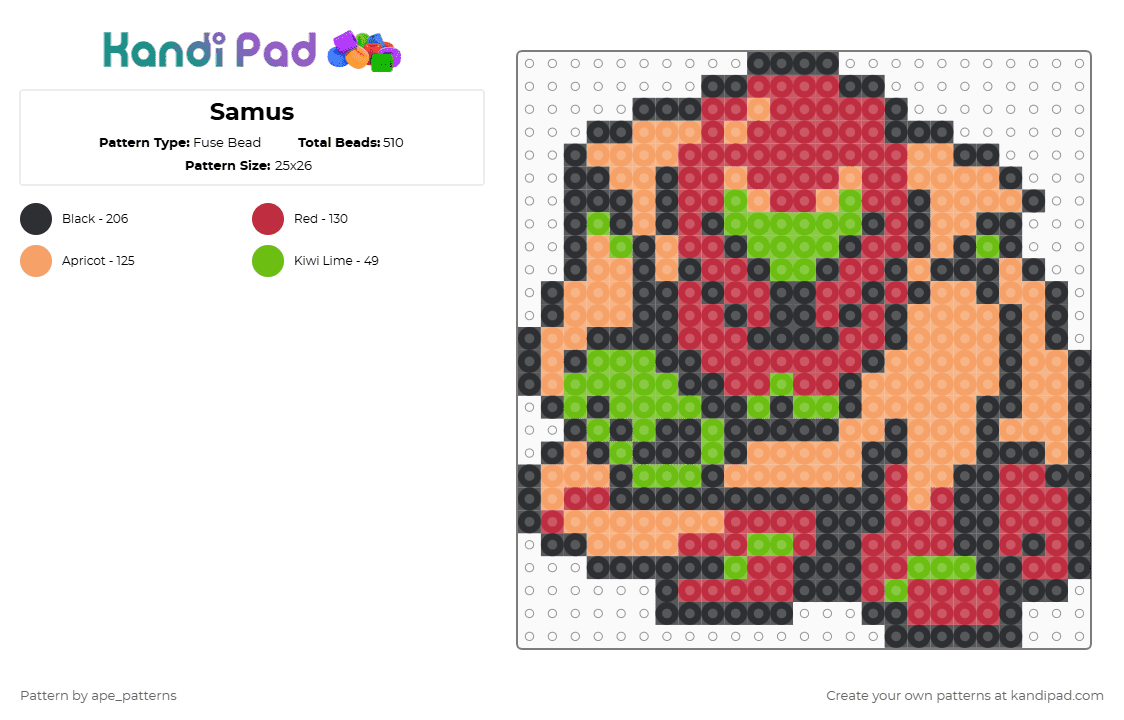 Samus - Fuse Bead Pattern by ape_patterns on Kandi Pad - orange,red,metroid,nintendo,retro,nes