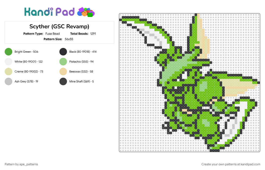 Scyther (GSC Revamp) - Fuse Bead Pattern by ape_patterns on Kandi Pad - 