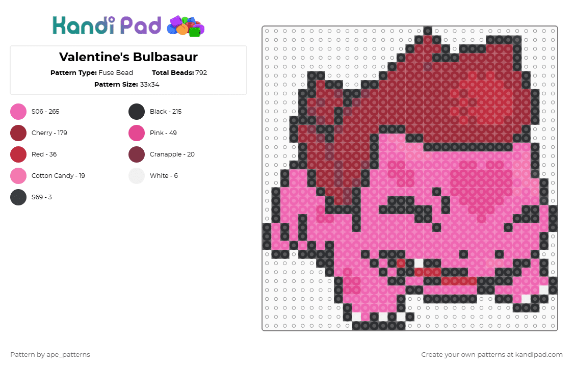 Valentine\'s Bulbasaur - Fuse Bead Pattern by ape_patterns on Kandi Pad - pink,red,character,bulbasaur,holiday,valentines day,pokemon,nintendo,video games,gaming