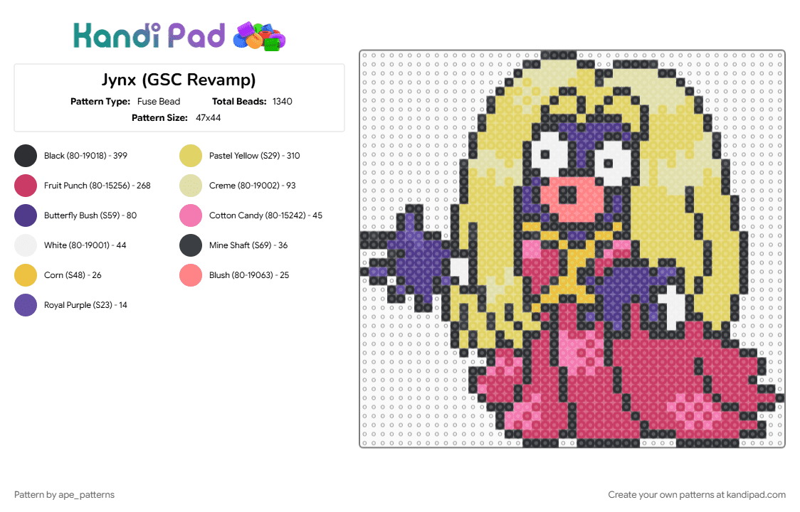 Jynx (GSC Revamp) - Fuse Bead Pattern by ape_patterns on Kandi Pad - character, game boy, gaming, jynx, nintendo, pink, pokemon, revamp, video games, yellow