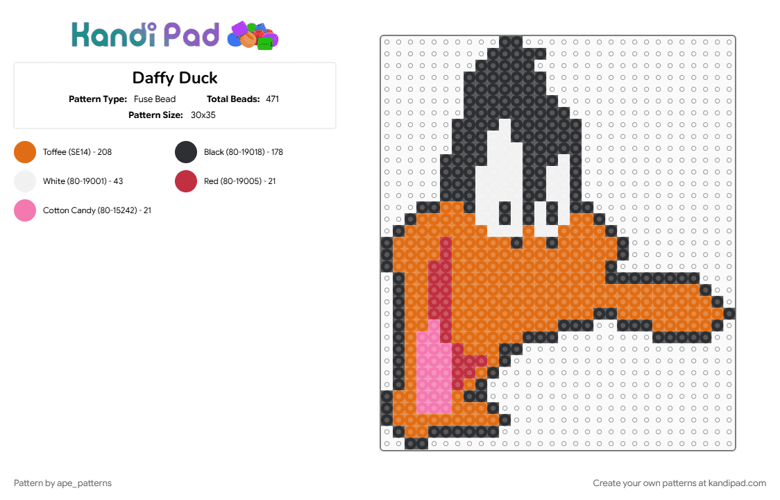 Daffy Duck - Fuse Bead Pattern by ape_patterns on Kandi Pad - cartoon, character, daffy duck, looney toons, looney tunes, nostalgia, orange