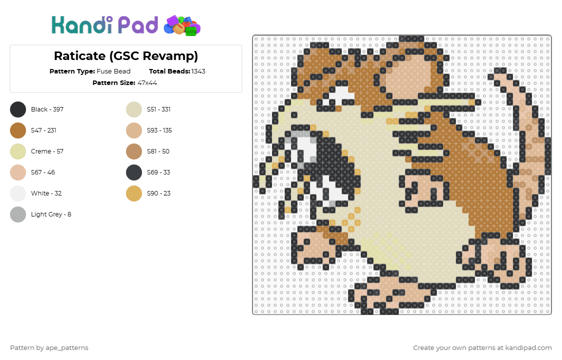 Raticate (GSC Revamp) - Fuse Bead Pattern by ape_patterns on Kandi Pad - beige,tan,character,raticate,pokemon,revamp,game boy,nintendo,gaming,video games