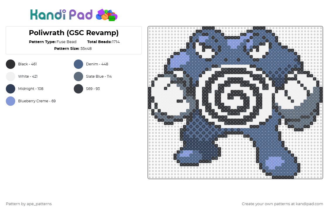 Poliwrath (GSC Revamp) - Fuse Bead Pattern by ape_patterns on Kandi Pad - blue,character,poliwrath,pokemon,revamp,nintendo,game boy,video games,gaming