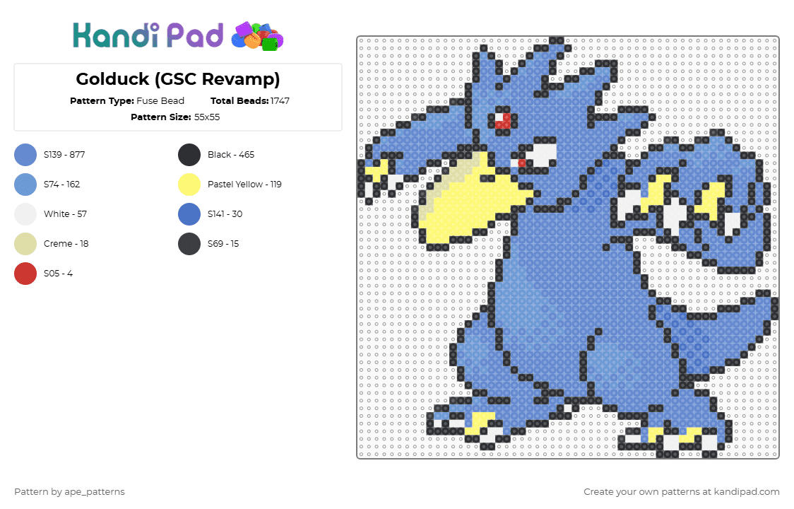 Golduck (GSC Revamp) - Fuse Bead Pattern by ape_patterns on Kandi Pad - blue,character,golduck,pokemon,revamp,nintendo,game boy,video games,gaming