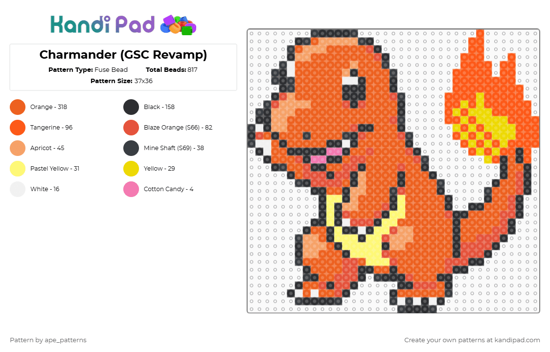 Charmander (GSC Revamp) - Fuse Bead Pattern by ape_patterns on Kandi Pad - orange,character,pokemon,charmander,revamp,nintendo,game boy,video games,gaming