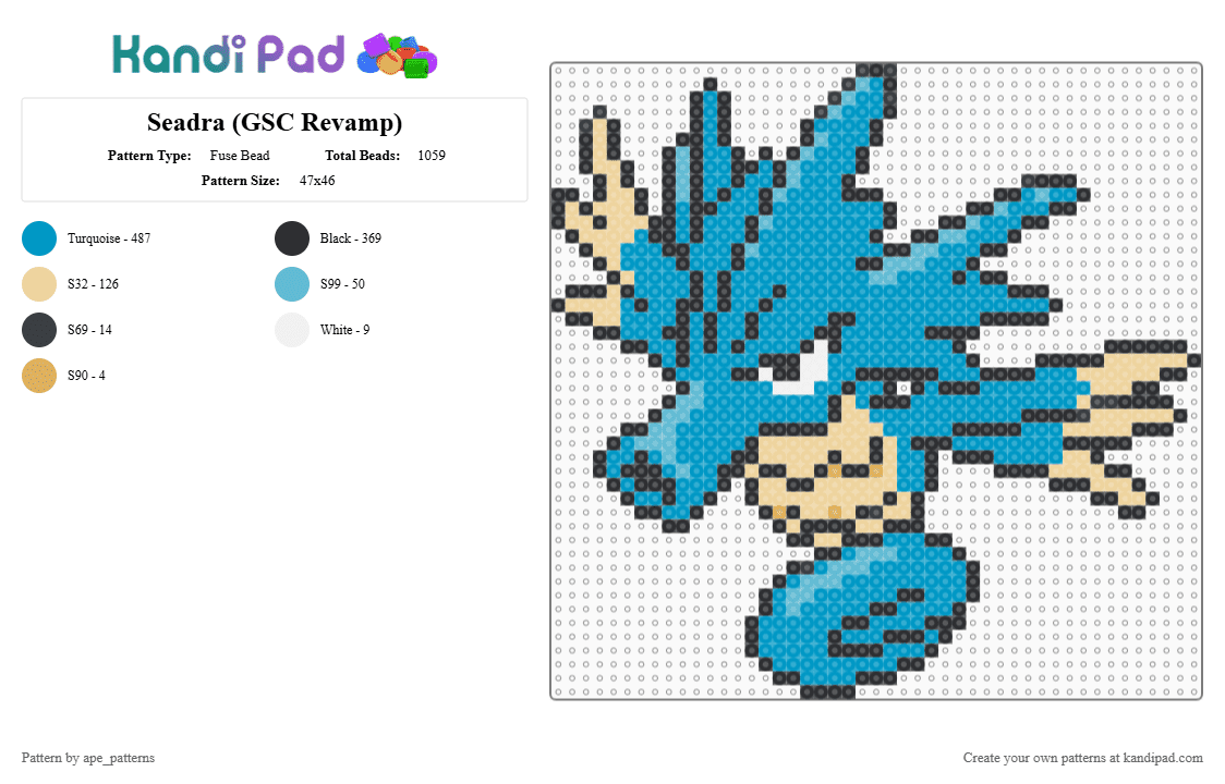 Seadra (GSC Revamp) - Fuse Bead Pattern by ape_patterns on Kandi Pad - character, game boy, gaming, light blue, nintendo, pokemon, revamp, seadra, video games